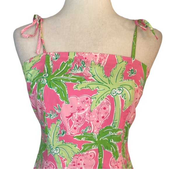 RARE Vintage Lilly Pulitzer Taboo Elephant Palm Print Pink Tie Bow Dress - 6 - Picture 2 of 10